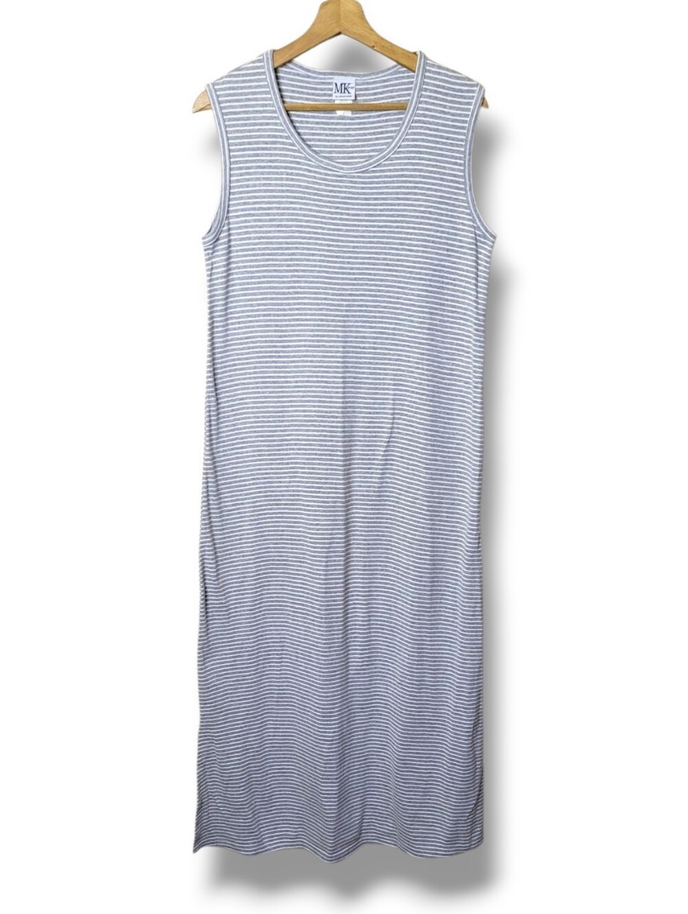 MK Sport Vintage 80s Striped Maxi Dress • Size Large Gray & White Sleeveless